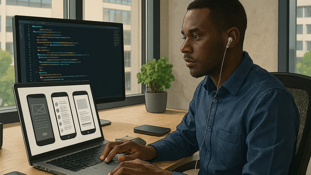 Kenyan software developer coding a mobile app in Westlands Nairobi office